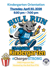 Features a running bull mascot, "Charging into Kindergarten," and an image of popcorn