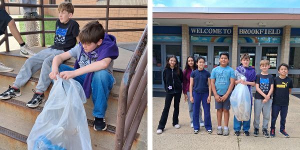 Left - A student holdin open a clear trash bag, sitting on stairs.  Right - 7 Students standing in front of Brookfield Elementary