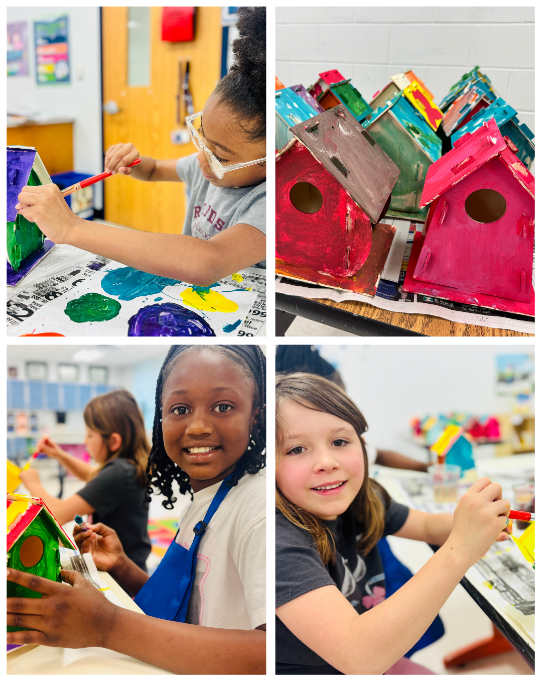 A collage of students working on painting their birdhouses in art class