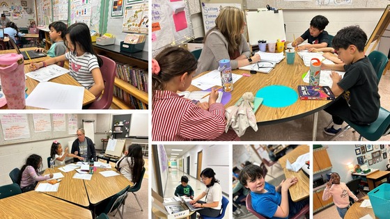 collage of students working at tables in school
