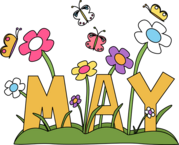 colorful stylized flowers behind word "may" with butterflies