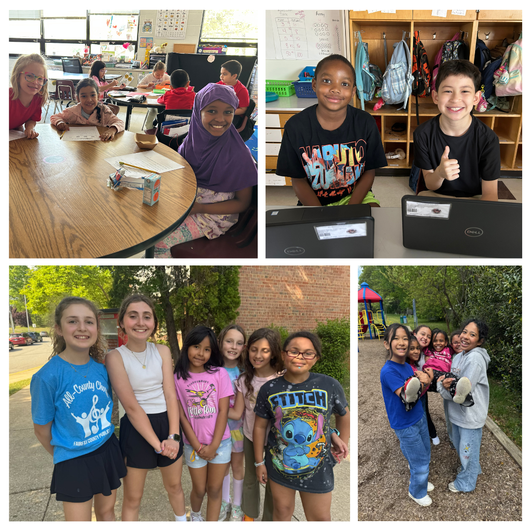 Collage of elementary students smiling in a classroom, working on laptops, and playing together outdoors. 