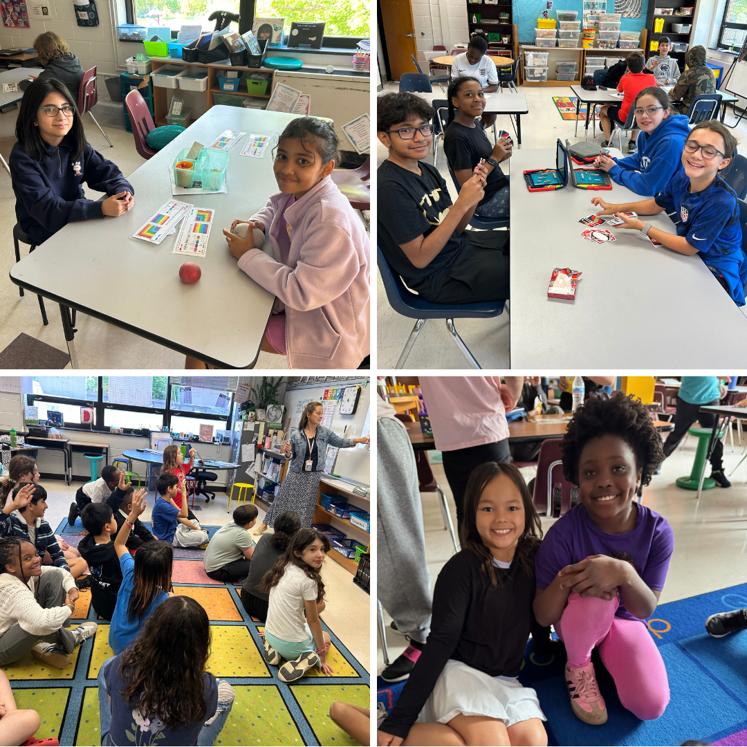 Collage of elementary students engaged in classroom activities, playing card games, and listenign to a teacher's lesson.