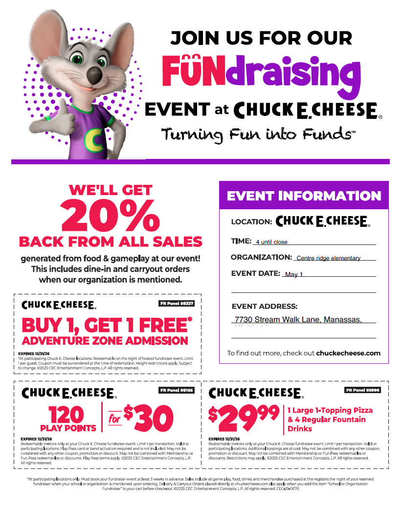 Chuck E. Cheese fundraiser flyer