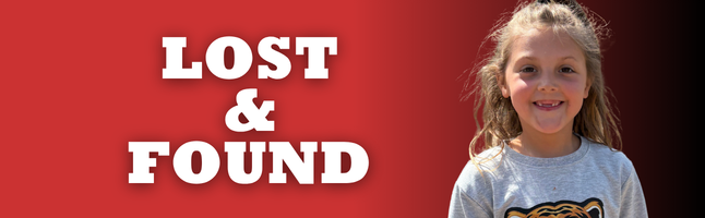 Girl smiling with red and black gradient background with white text ‘Lost & Found’ 