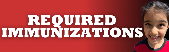 Girl smiling with red and black gradient background with white text ‘Required Immunizations’ 