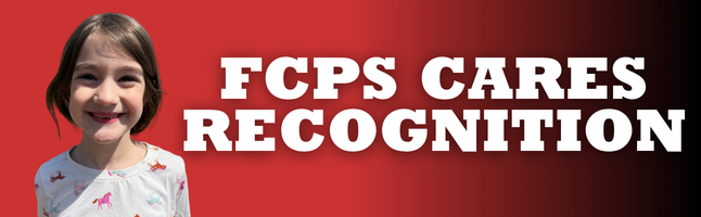 Girl smiling with red and black gradient background with white text ‘FCPS Cares Recognition’ 