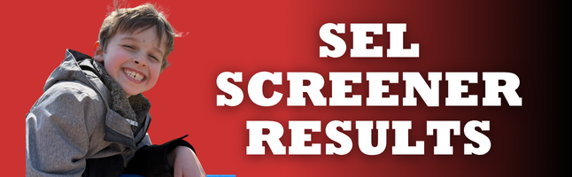 Boy smiling with red and black gradient background with white text ‘SEL screener results’ 