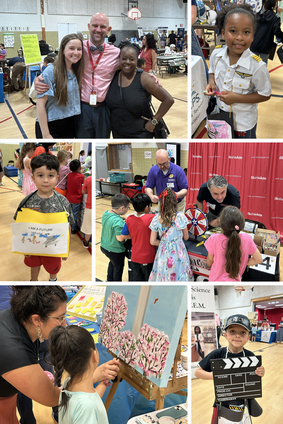 Collage of 6 photos of students, counselors, and presenters at Career Day