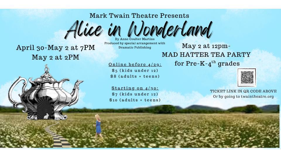 a photo of the Twain Theatre flyer for Alice in Wonderland