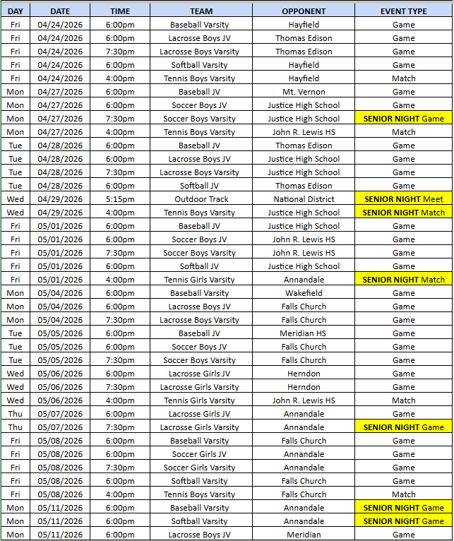 April 24, 2026 Spring Sched