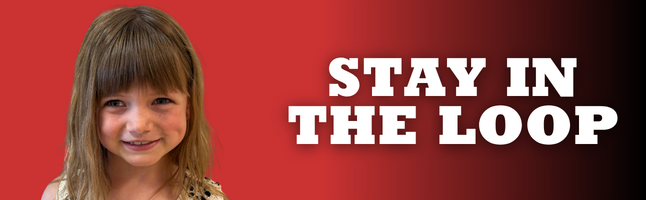 smiling girl on red to black gradient background with the words "STAY IN THE LOOP" in white lettering