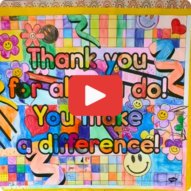colorful poster with the words "thank you for all you do! You make a difference" and a red and white play button in the center