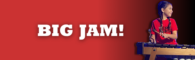 smiling girl sitting at marimba with mallets on red to black gradient background with "BIG JAM" in white letters