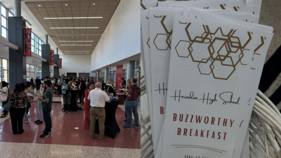 Picture of the crowd at the Buzzworthy Breakfast and a picture of the program