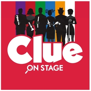 "Clue ON STAGE" stage production logo with character silhouettes holding weapons on a red and striped background