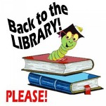 green bookworm emerging from top of a stack of library books