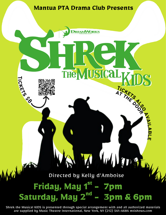 flyer for Shrek the Musical drama performance May 1 and 2