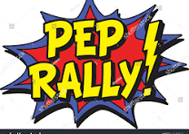comic book style graphic featuring the words "pep rally" in yellow and red
