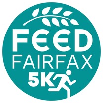 Logo for the Feed Fairfax 5K featuring a teal circle with a wheat sprig, the event name in bold white text, and a running stick figure.