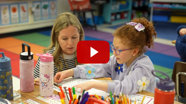 A video screenshot featuring a child being observed by a teacher while working with pennies. 