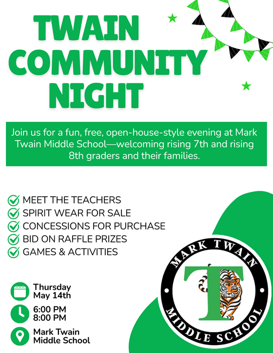 a photo of the flyer for Twain Community Night on May 14