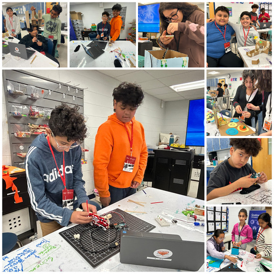 An eight-panel collage of elementary students in a STEM lab, building circuits and cardboard prototypes with focused and smiling expressions.