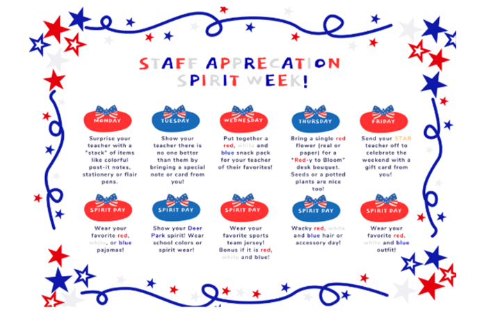 spirit week chart with ideas of activities each day in red and blue