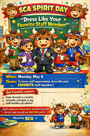 cartoon bulls, some are young and dressed like teachers, and one adult one is wearing a suit