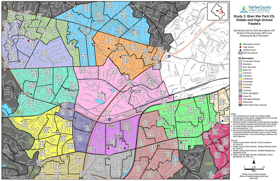 Bren Mar Park ES, Middle and High School Feeders Map with SPAs and Residing Student Population