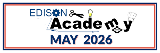 Edison Academy logo design has a chef hat, light bulb, car jack, scissors, and cog along with May 2026