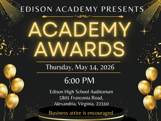 Black and gold invitation with confetti and balloons giving instruction to the academy awards