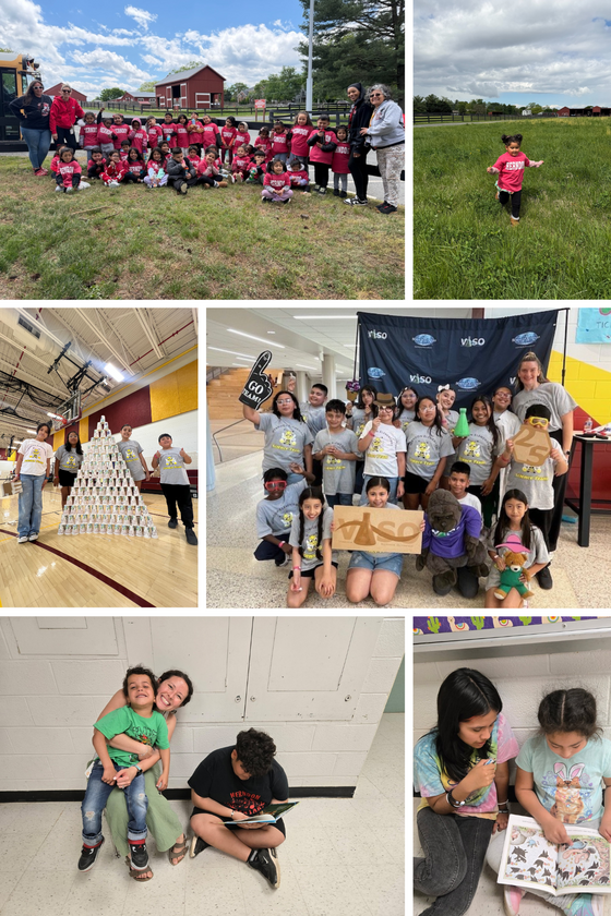 Collage of 6 photos.  2 are of students on farm, 2 of Science Olympiad, 2 of students reading.