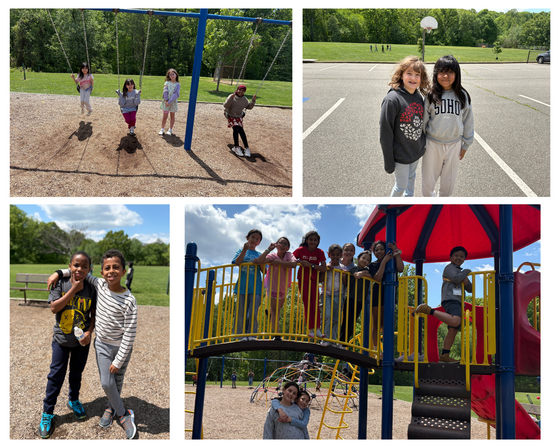 Collage of four photos showing elementary students smiling and playing on a sunny playground, including swings and a climbing structures.