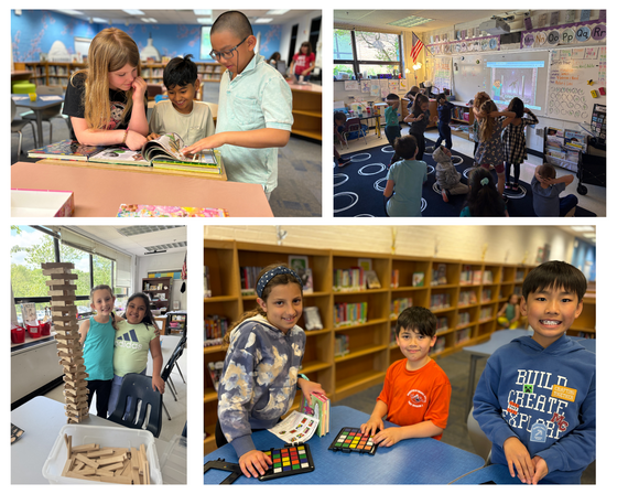 Collage of four photos featuring elementary students engaged in indoor school activities, including reading, dancing, and playing logic games