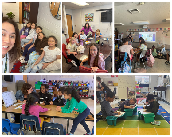Collage of 5 photos of teachers and principal with students