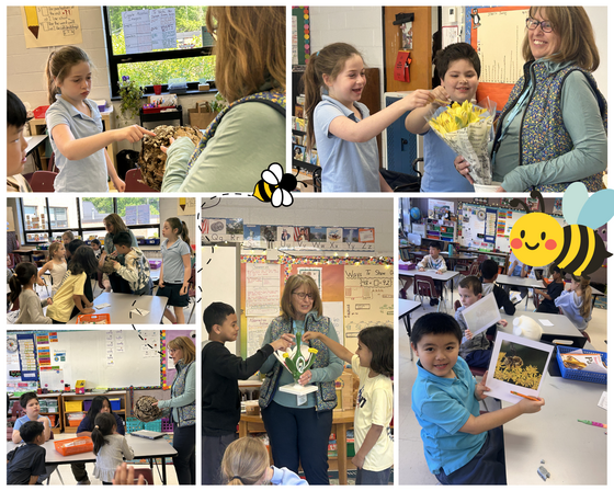 Collage of students in a classroom learning about bees through hands-on activities, a hornet nest, flower models, and bee illustrations