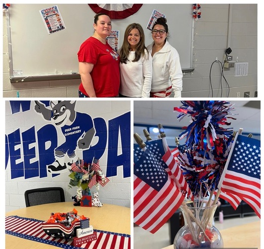 three women standing together infront of sign saying "staff appreciation week" red white and blue decor