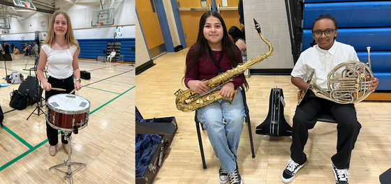 A collage showing HMES musicians - a student drummer, a student with her saxophone, and a student with his French horn.