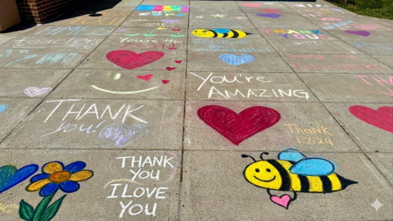 Student used chalk to draw pictures and write messages to the teachers in front of the school for Teacher Appreciation Week.