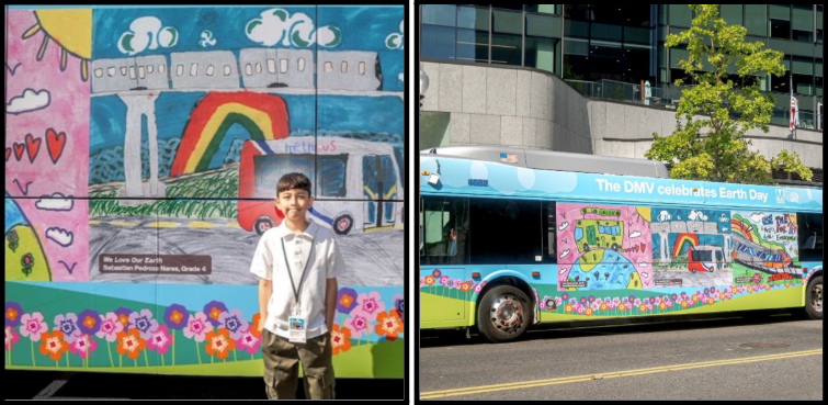 Bucknell Elementary student Sebastian Pedroza Nares with his art featured on a Metro bus