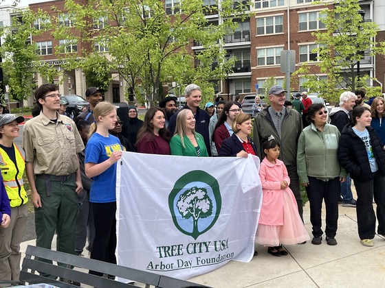 Members of the Katherine Johnson Middle School community celebrate Fairfax City's Tree City USA designation