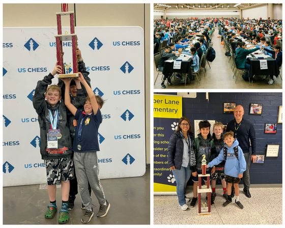 a collage of photos with students holding a trophy from a chess tournament