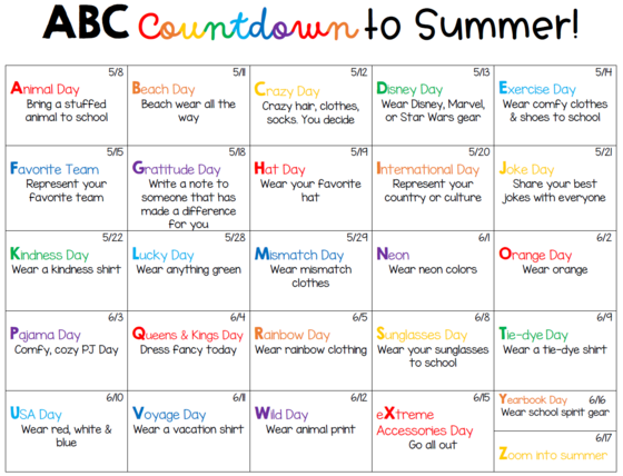 Countdown to Summer in English.  In the text below image, click on the "here" word to read all of the text.