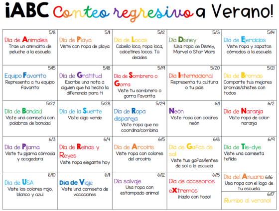 ABC countdown to summer in Spanish.  Click on "Aqui" to read the text in Spanish.