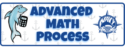 Advanced Math Process banner with Flipper our dolphin Mascot holding a calculator