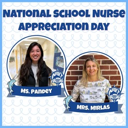 National School Nurse Appreciation Day graphic featuring portraits of Ms. Pandey and Mrs. Mirlas.