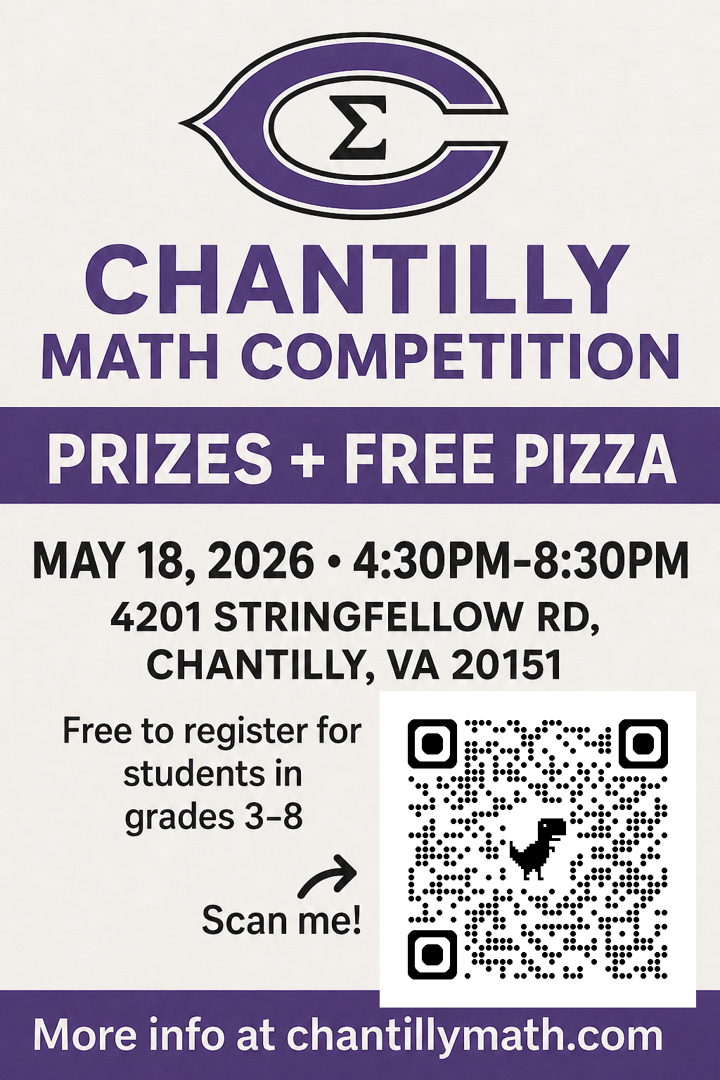 Chantilly HS is having a math competition on May 18th from 4:30-8:30.  Register at chantillymath.com