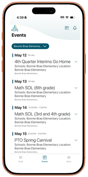 FCPS App view of Bonnie Brae Calendar
