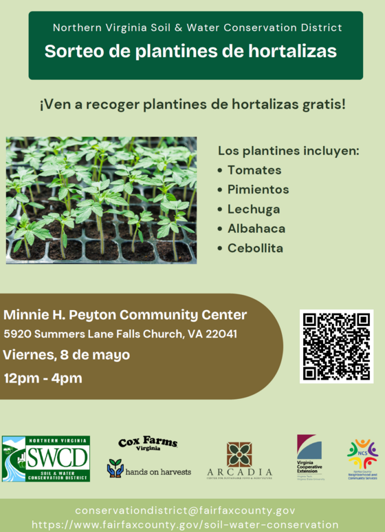 Flyer advertising seedling giveaway at Minnie Peyton Community Center in Spanish